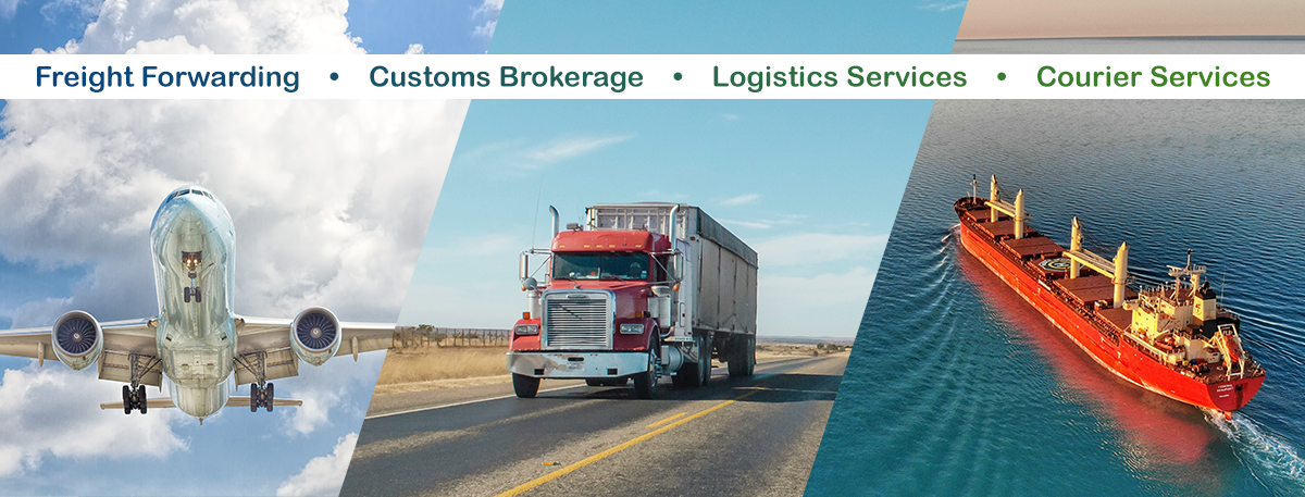 Airland services banner showing an aircraft, truck and cargo ship, and listing freight forwarding, customs brokerage, logistics services and courier services